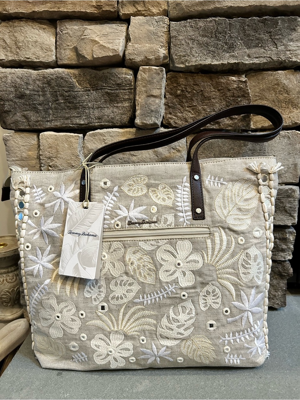 Tommy Bahama Cream Embroidered Floral Tote with Dark Brown Handles